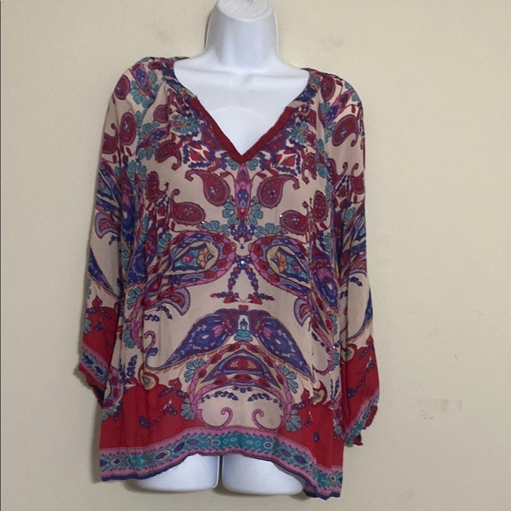 Bila Paisley Print V-Neck Top blouse women XL pull on casual beach festival boho